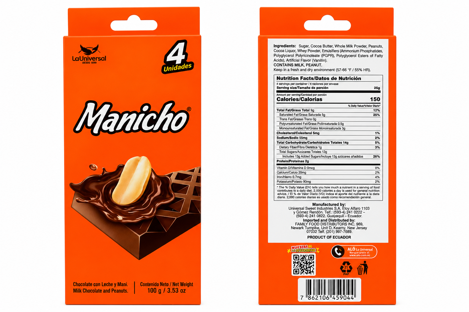 Manicho Chocolate con Leche y Maní 100g - 4 Unidades | Ecuador